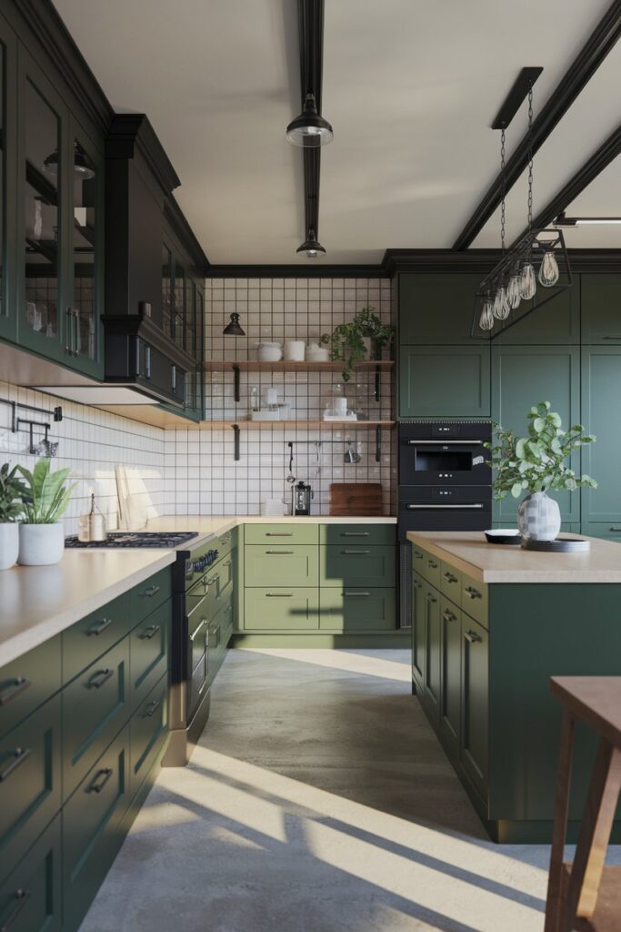 Green Cabinets with Black Hardware for Bold Contrast