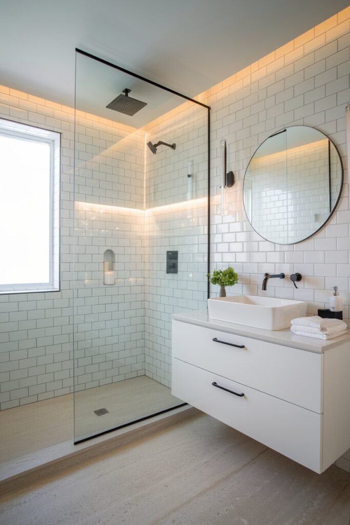 White Bathroom with Glass Shower Enclosure