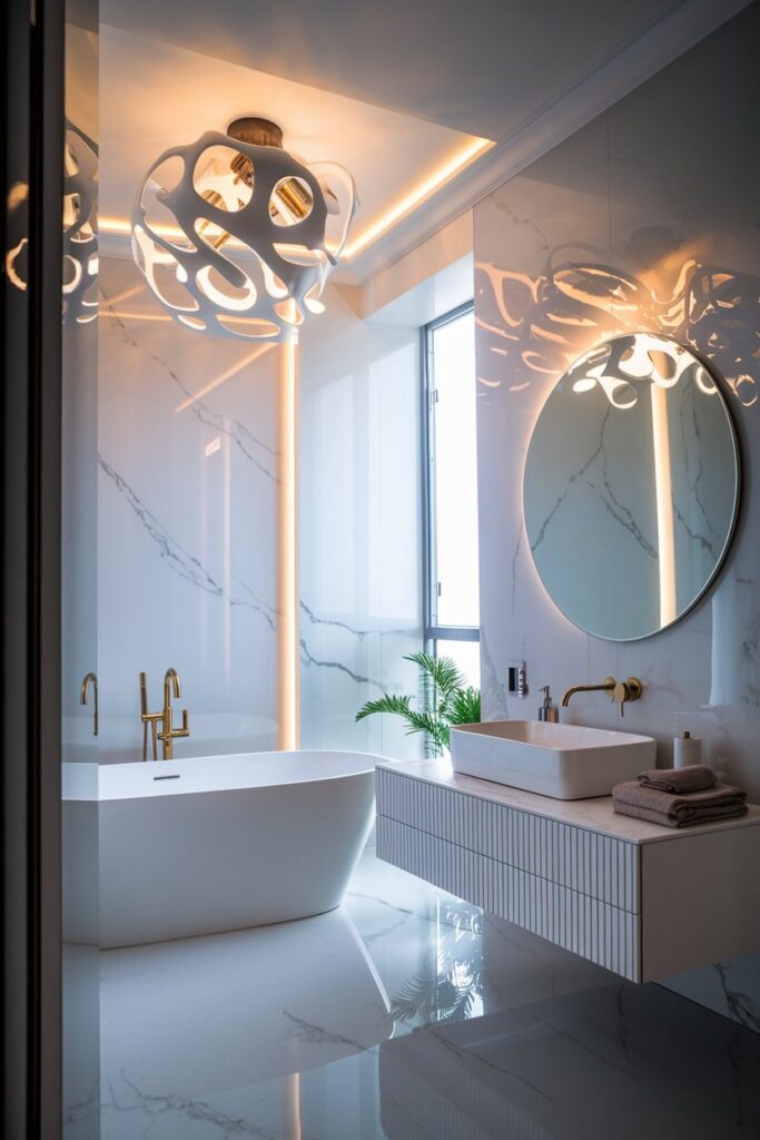 White Bathroom with Statement Lighting
