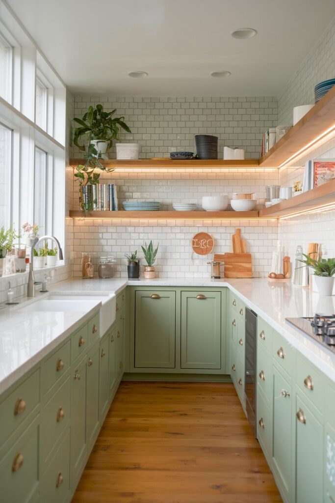 Green Cabinets with Open Shelving Accents