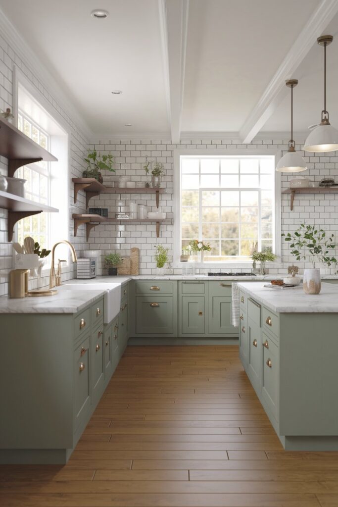 Green Kitchen Cabinets with Subway Tile Backsplash