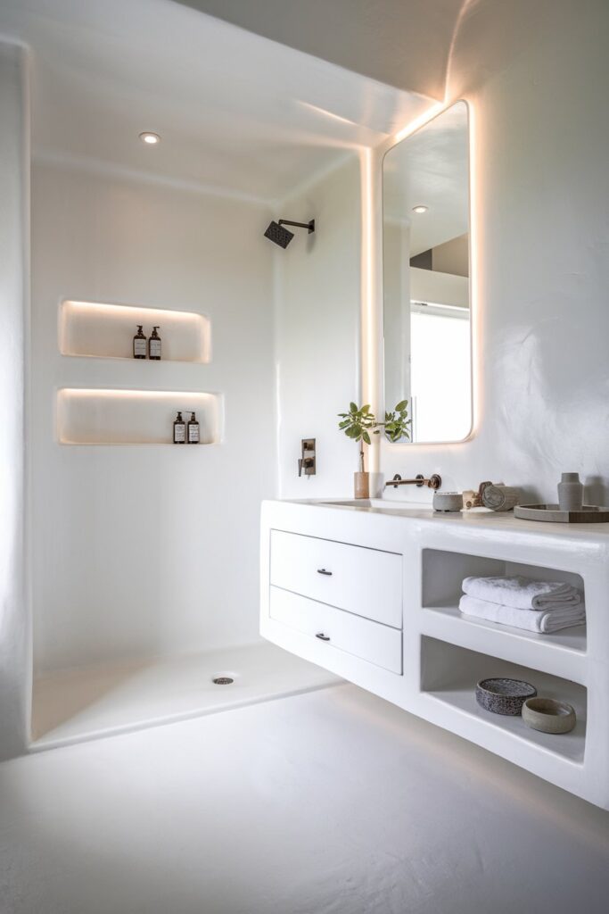 White Bathroom with Built-In Storage Solutions