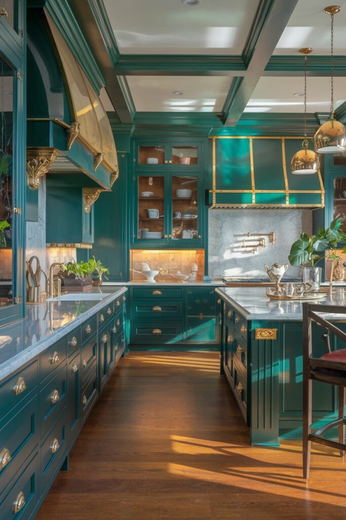 Green Cabinets with Gold and Brass Details