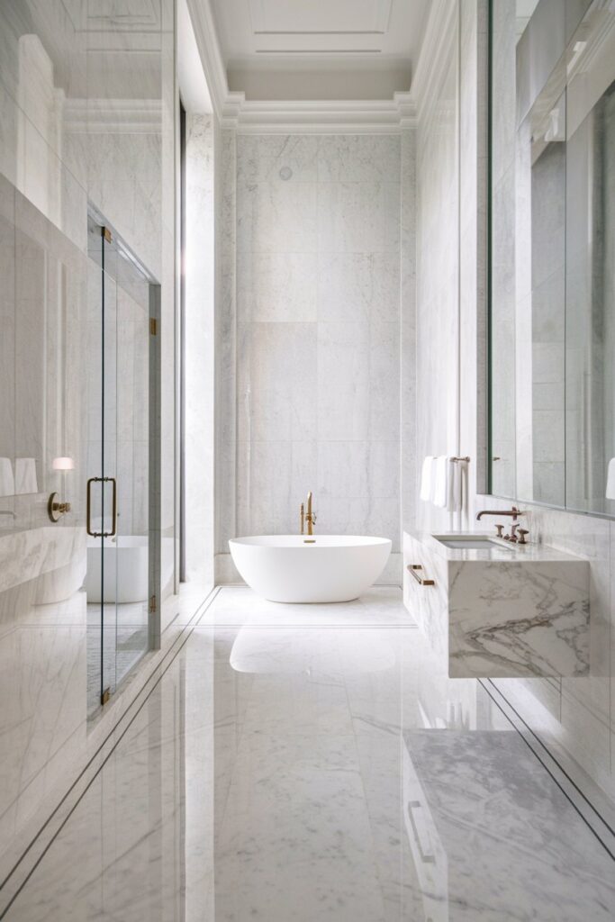 White Bathroom with Marble Walls and Floors