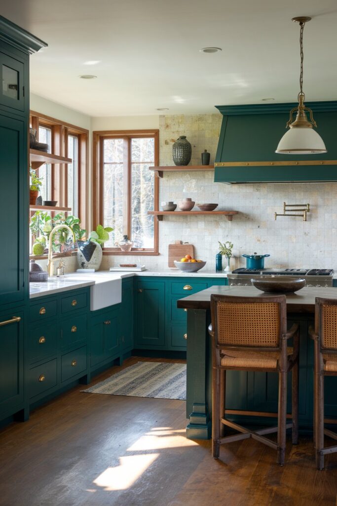 Green Cabinets with Natural Stone Backsplash