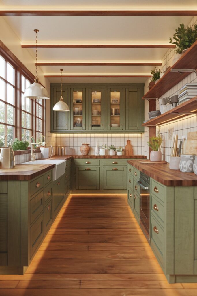 Green Kitchen Cabinets with Wooden Countertops
