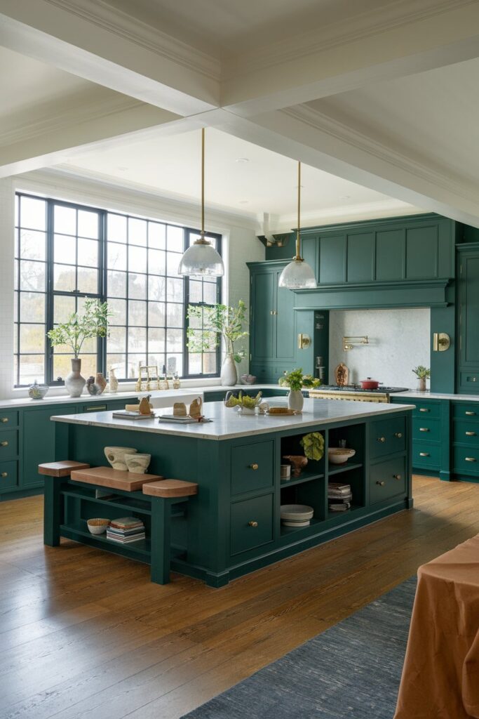 Deep Green Cabinets for Large Open Kitchens