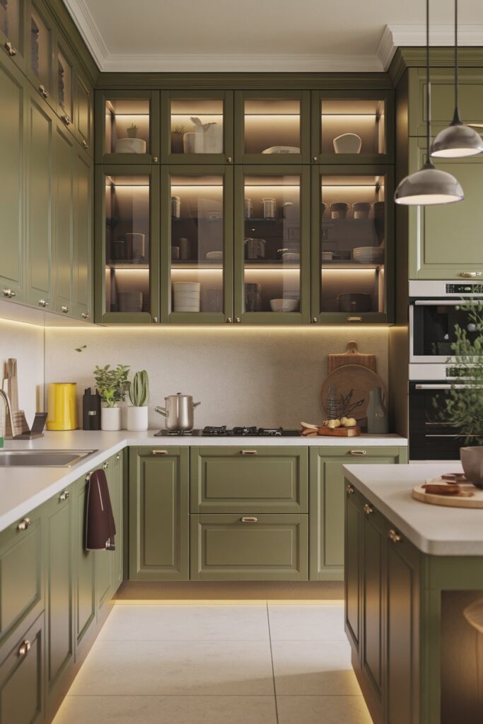 Green Cabinets with Integrated Lighting Features
