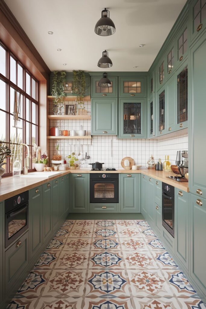 Green Cabinets with Patterned Tile Flooring