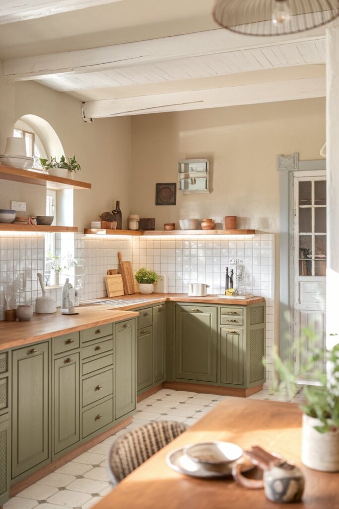 Olive Green Kitchen Cabinets with Warm Wood Accents