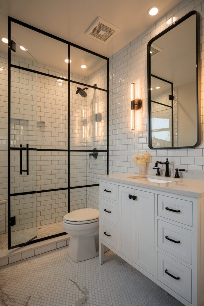 White Bathroom with Black Accents (High-Contrast Look)