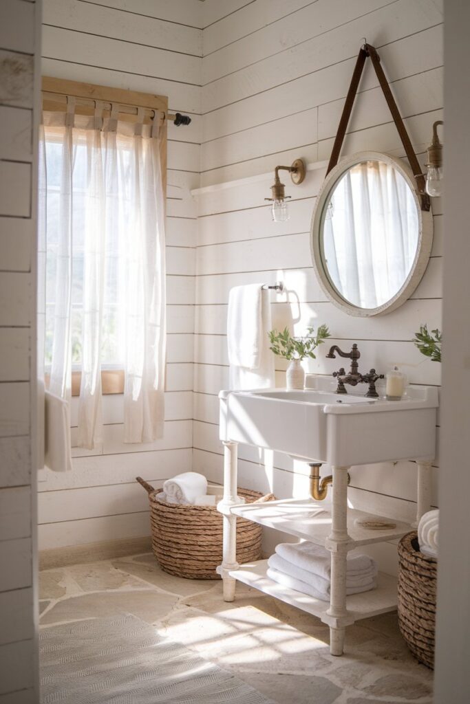 White Farmhouse Bathroom with Shiplap Walls