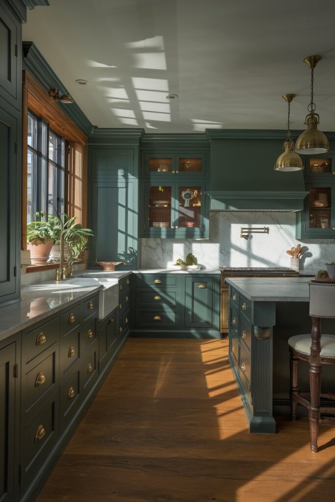 Forest Green Cabinets with Brass Hardware