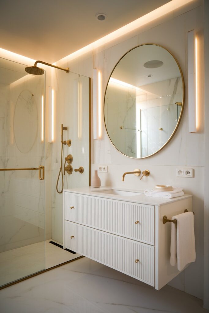 White Bathroom with Gold or Brass Fixtures