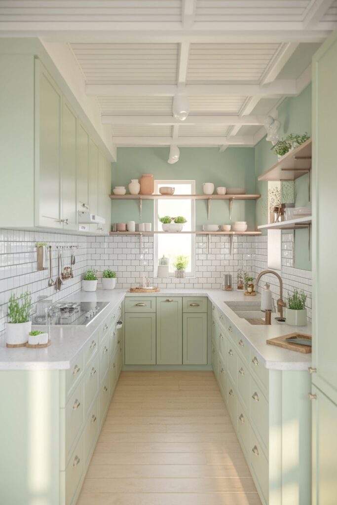 Soft Pastel Green Cabinets in a Small Kitchen