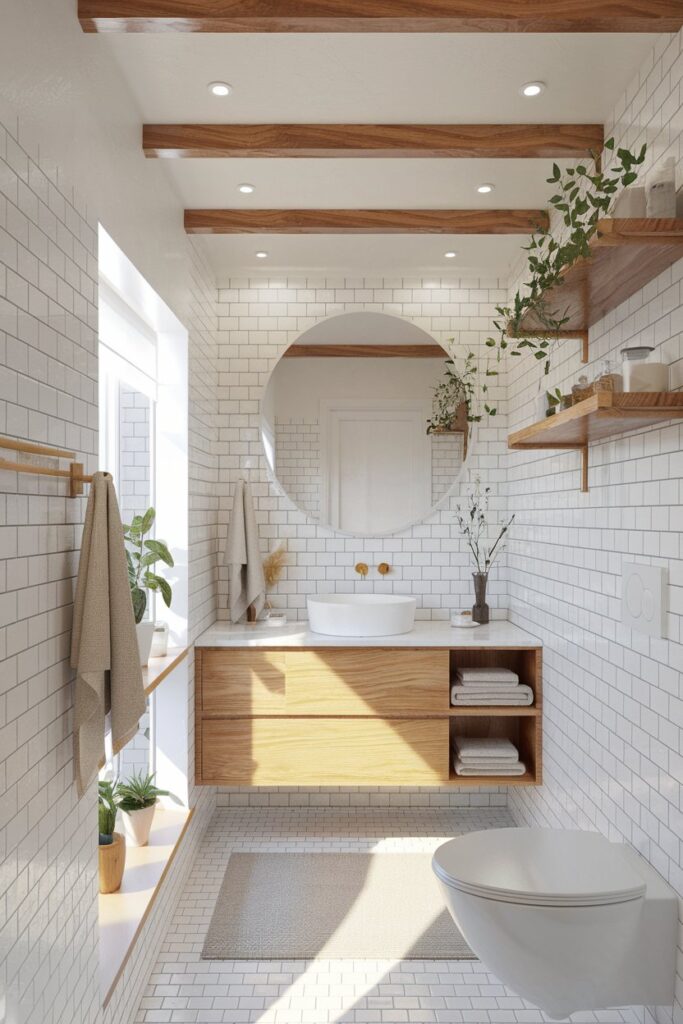 White Bathroom with Natural Wood Accents