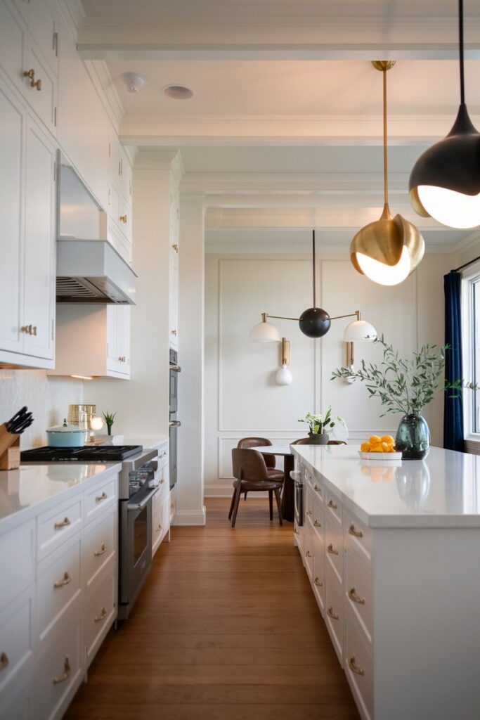 White Cabinets with Statement Lighting