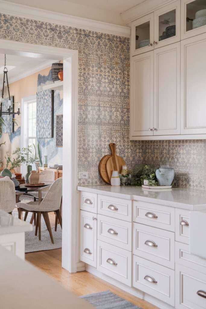 White Cabinets with Patterned Tile Backsplash