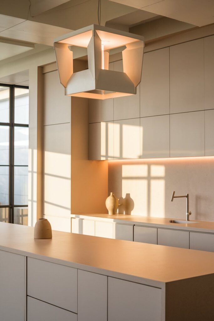 Minimalist Kitchen with Statement Lighting