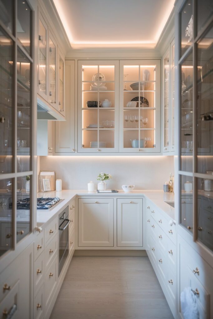 Galley Kitchen with Glass Cabinets