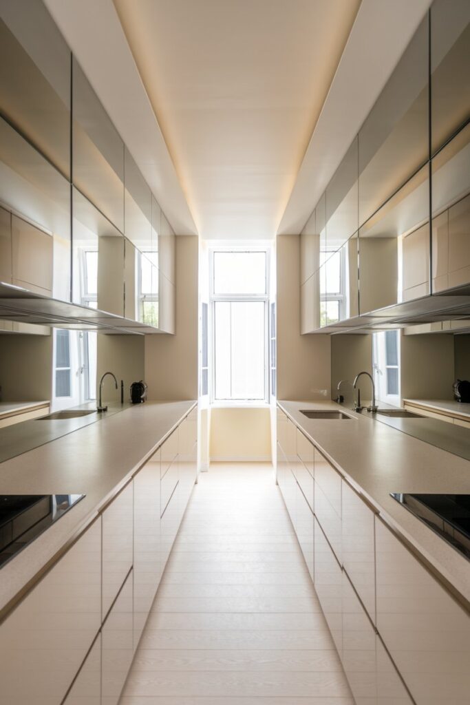 Narrow Galley Kitchen with Mirrors
