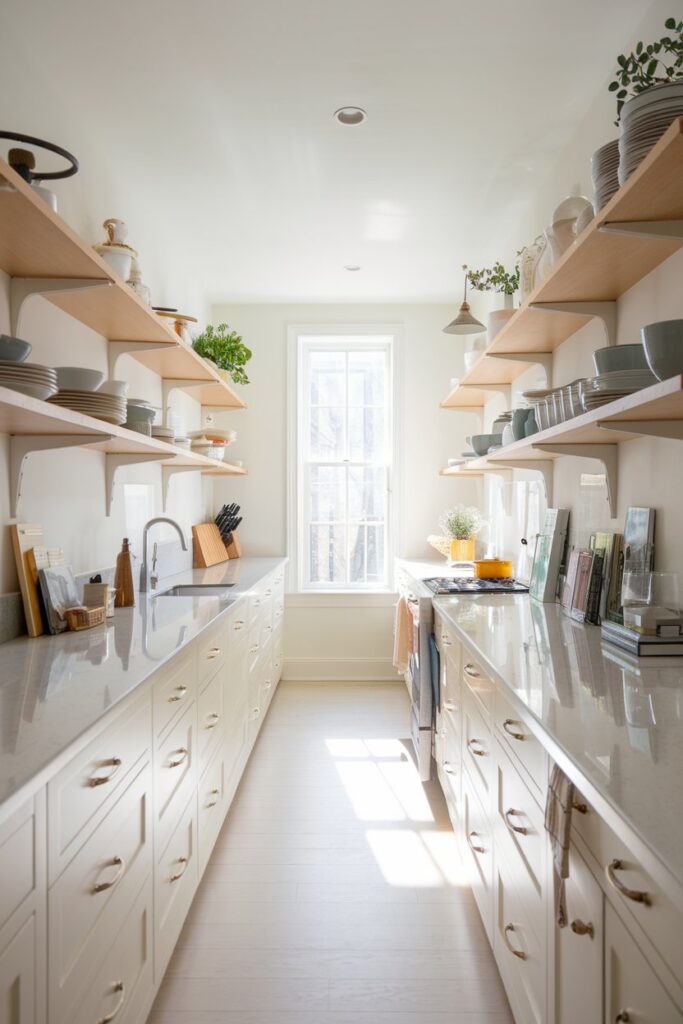 Galley Kitchen with Open Shelving