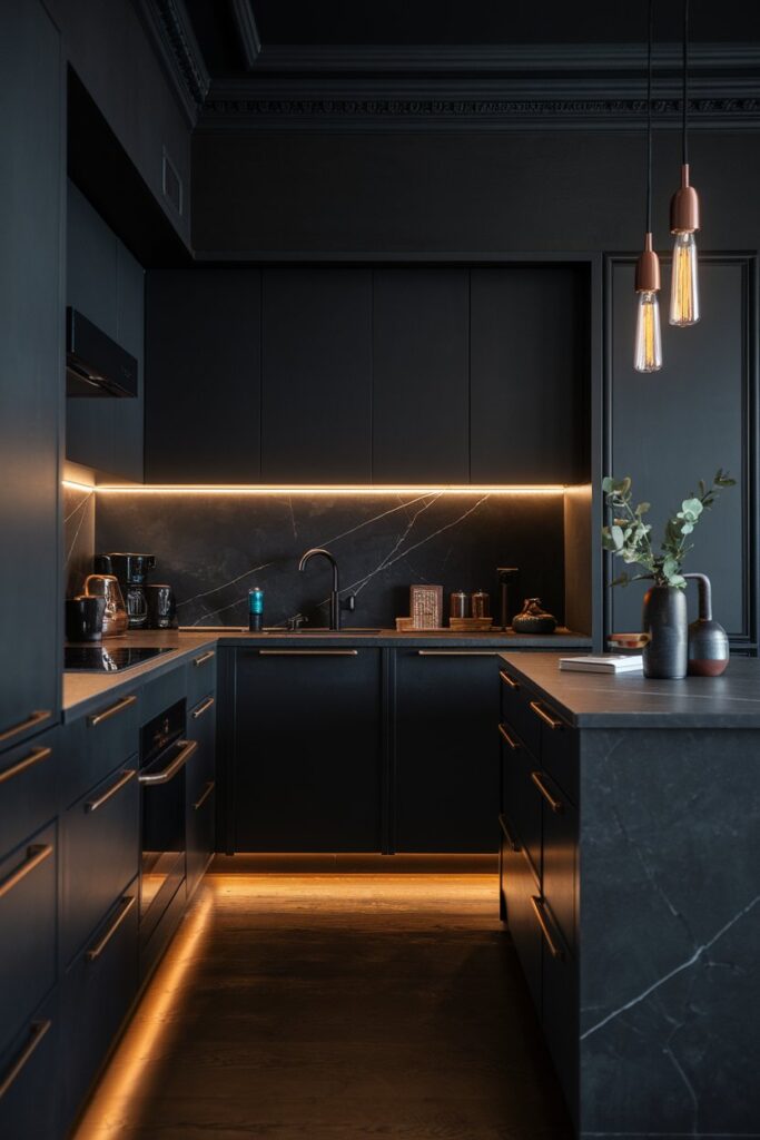 Dark-Themed Apartment Kitchens