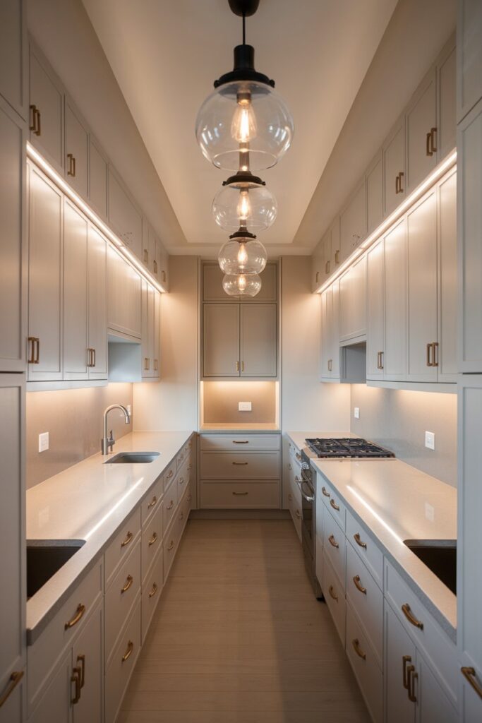 Galley Kitchen with Pendant Lighting