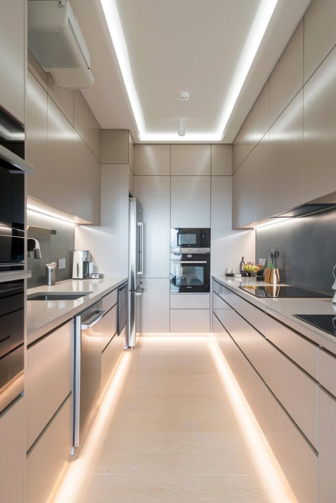 Galley Kitchen with Integrated Appliances