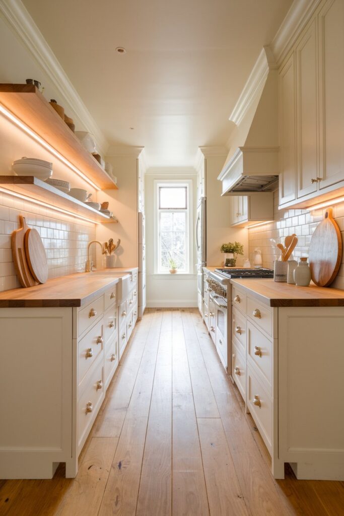 Galley Kitchen with Wooden Accents
