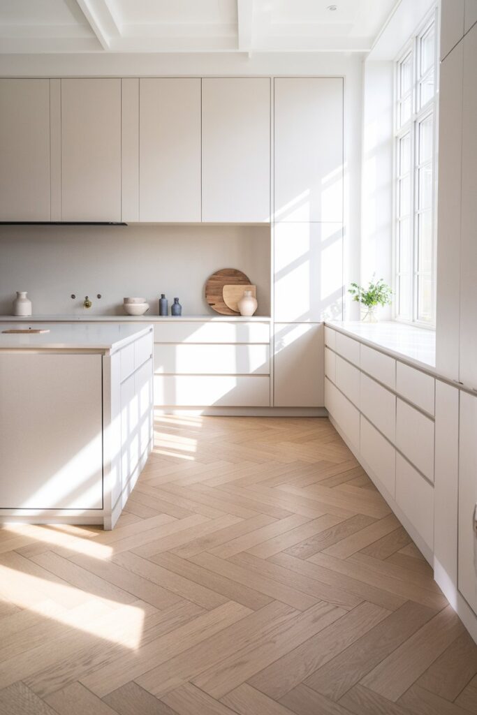 Scandinavian Kitchen with Herringbone Flooring