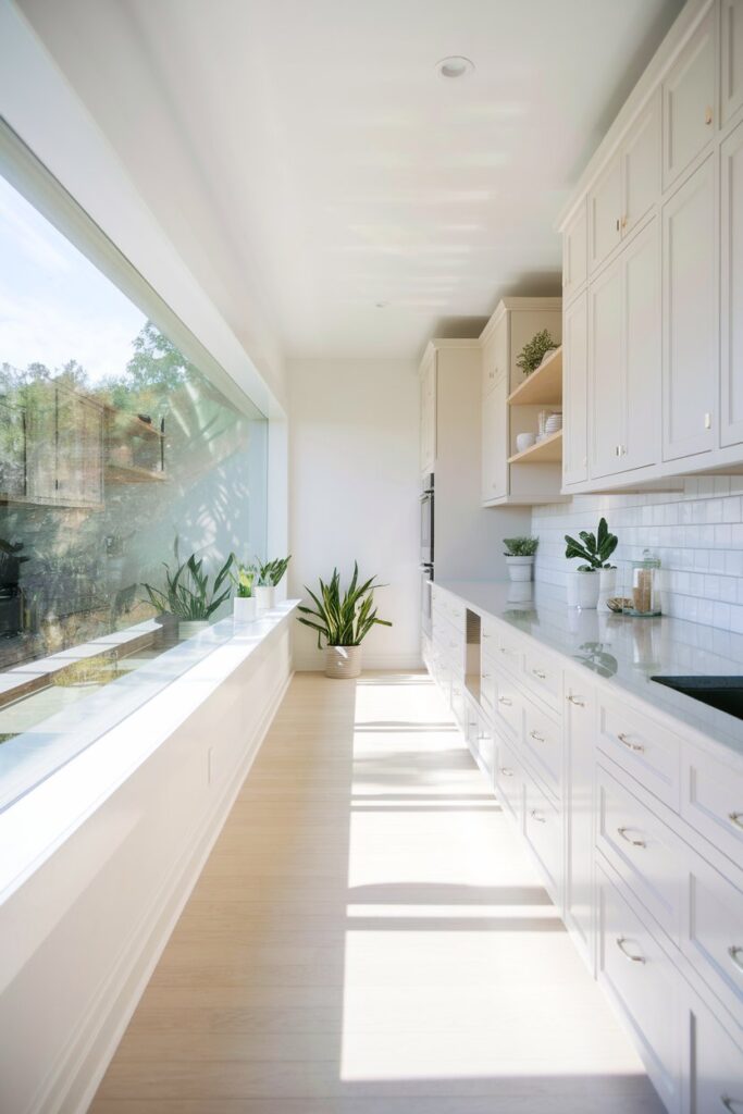Galley Kitchen with Window Backsplash