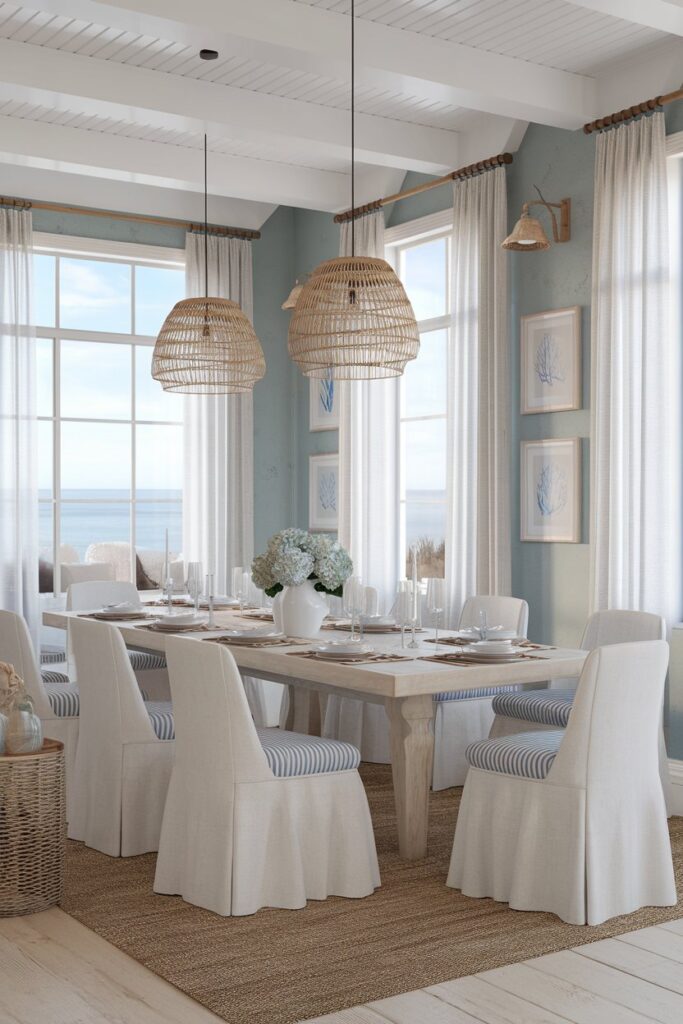 Coastal Blue Dining Room With White Accents