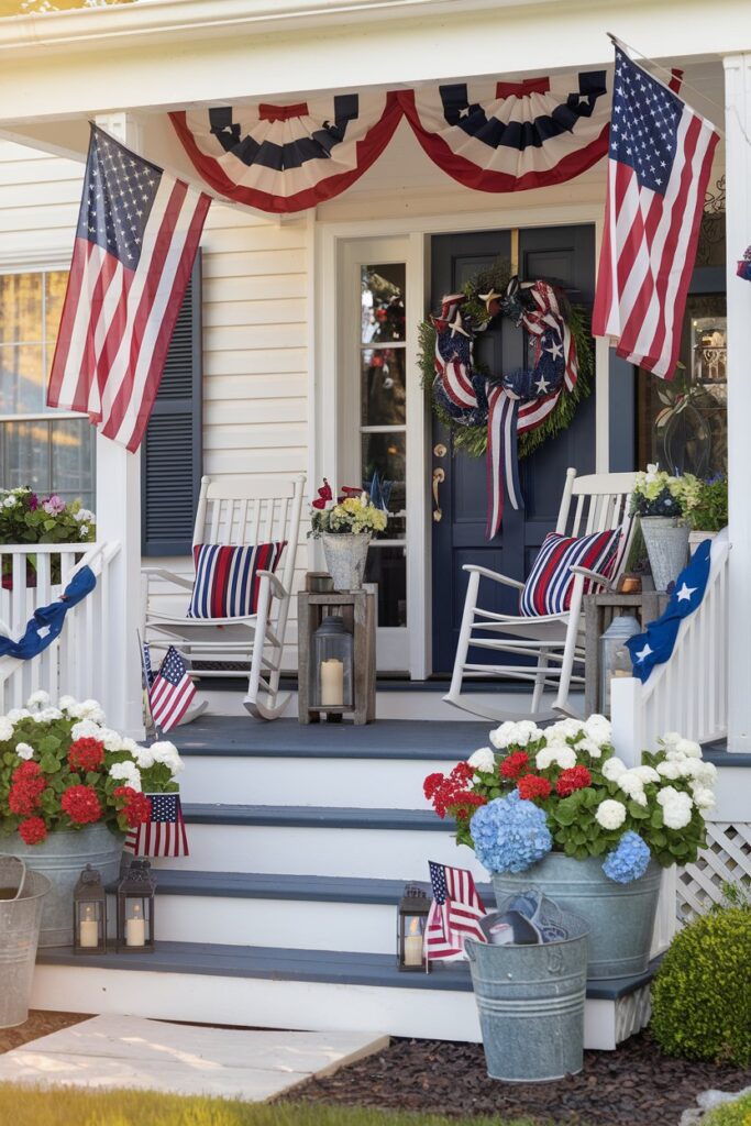 Patriotic Front Porch With American Flags