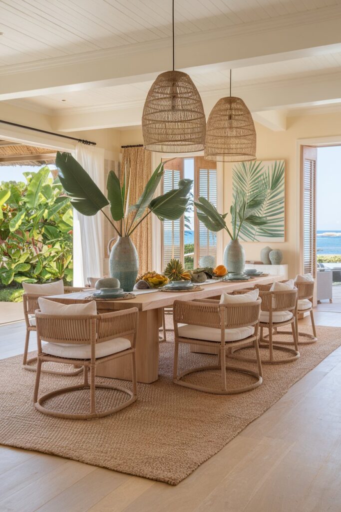 Tropical Coastal Dining Room With Palm Decor