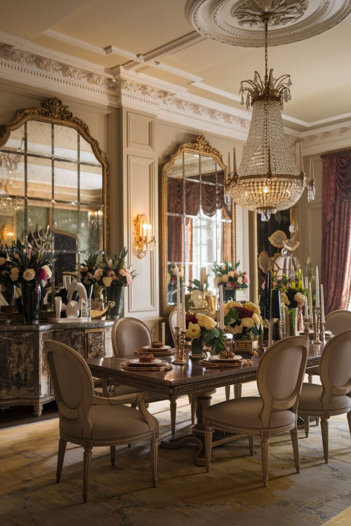 Victorian Dining Room Featuring Gold Accents and Mirrors