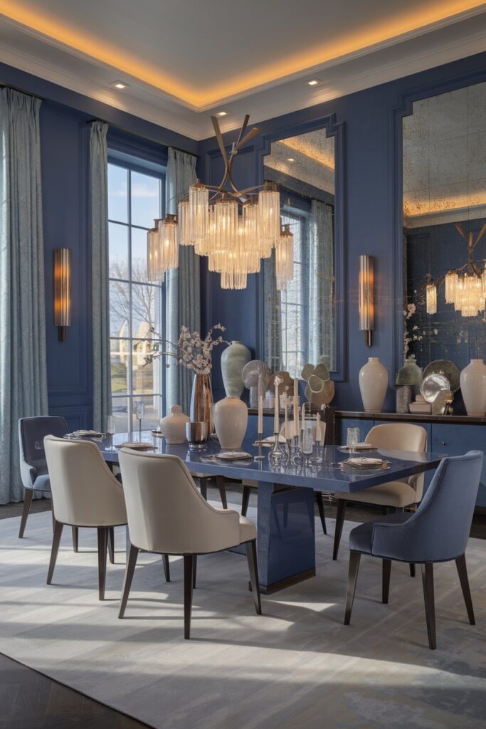 Blue Dining Room With Statement Chandelier