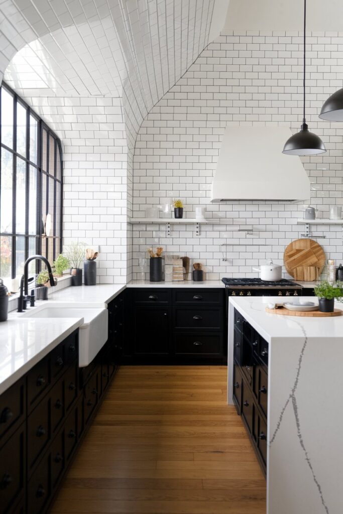 White Subway Tile with Black Grout Kitchen