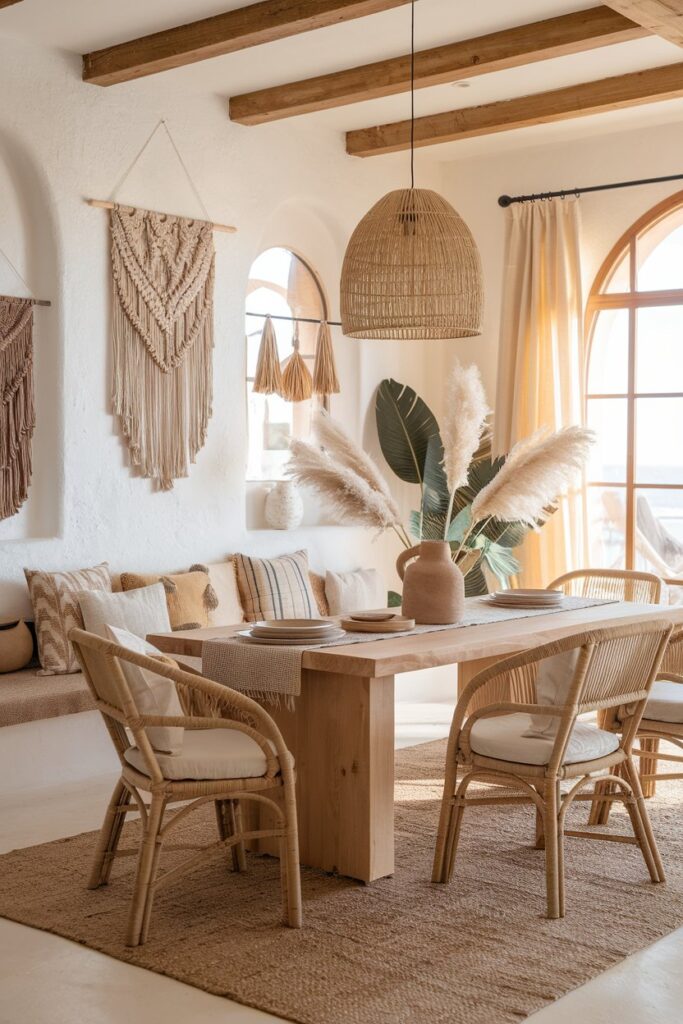 Boho Coastal Dining Room With Rattan Furniture