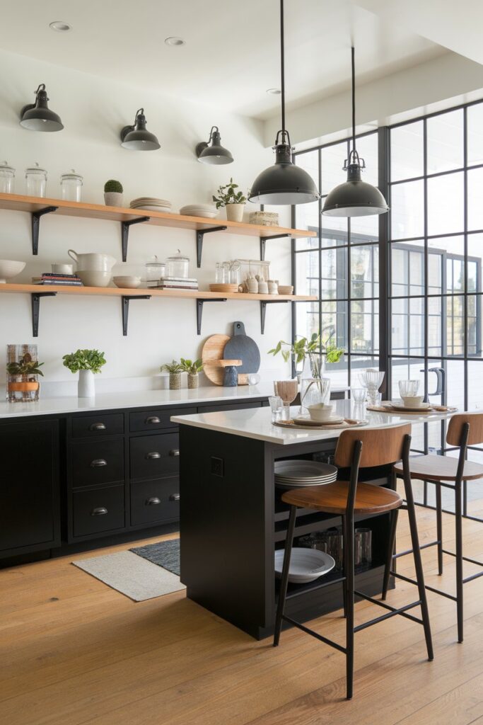 Black and White Kitchen with Open Shelving