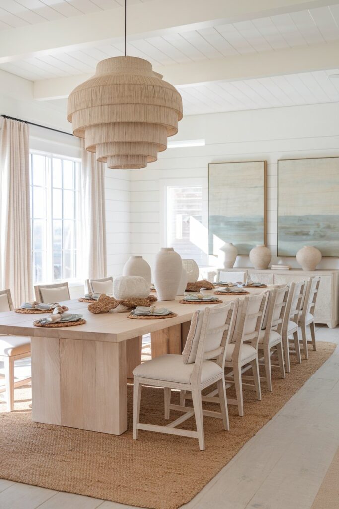 Coastal Dining Room With Statement Pendant Lighting