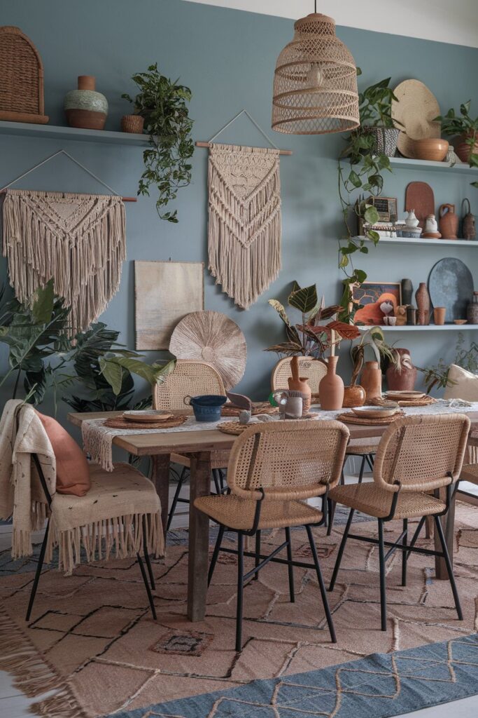 Blue Boho Dining Room With Layered Textures