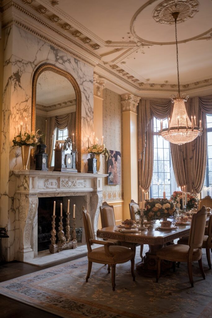 Luxurious Victorian Dining Room With Marble Fireplace