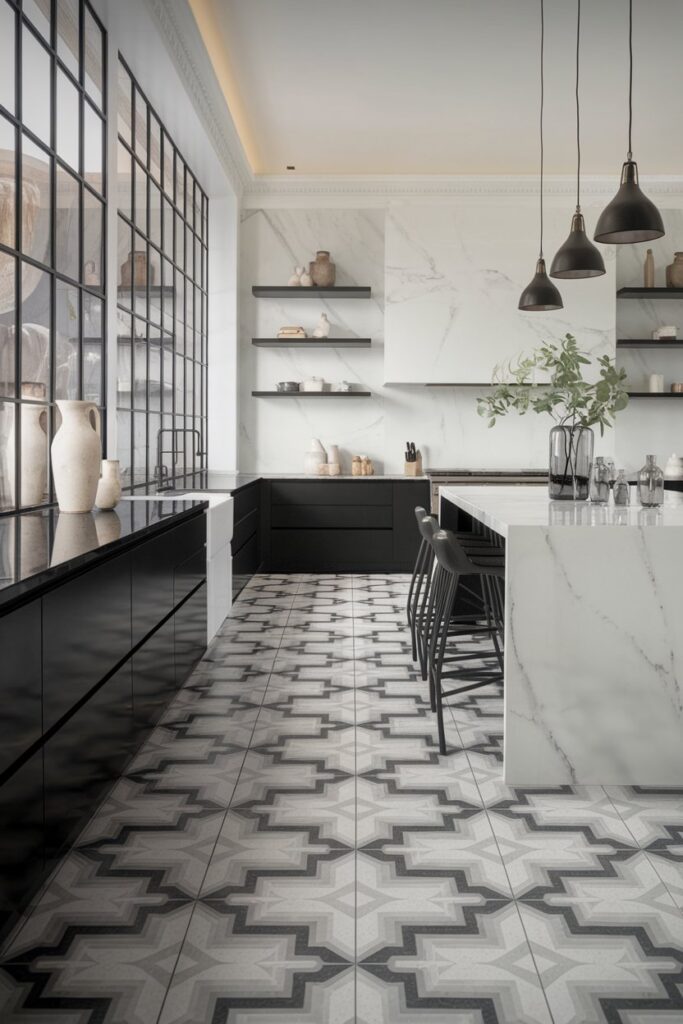Monochrome Kitchen with Patterned Floor Tiles