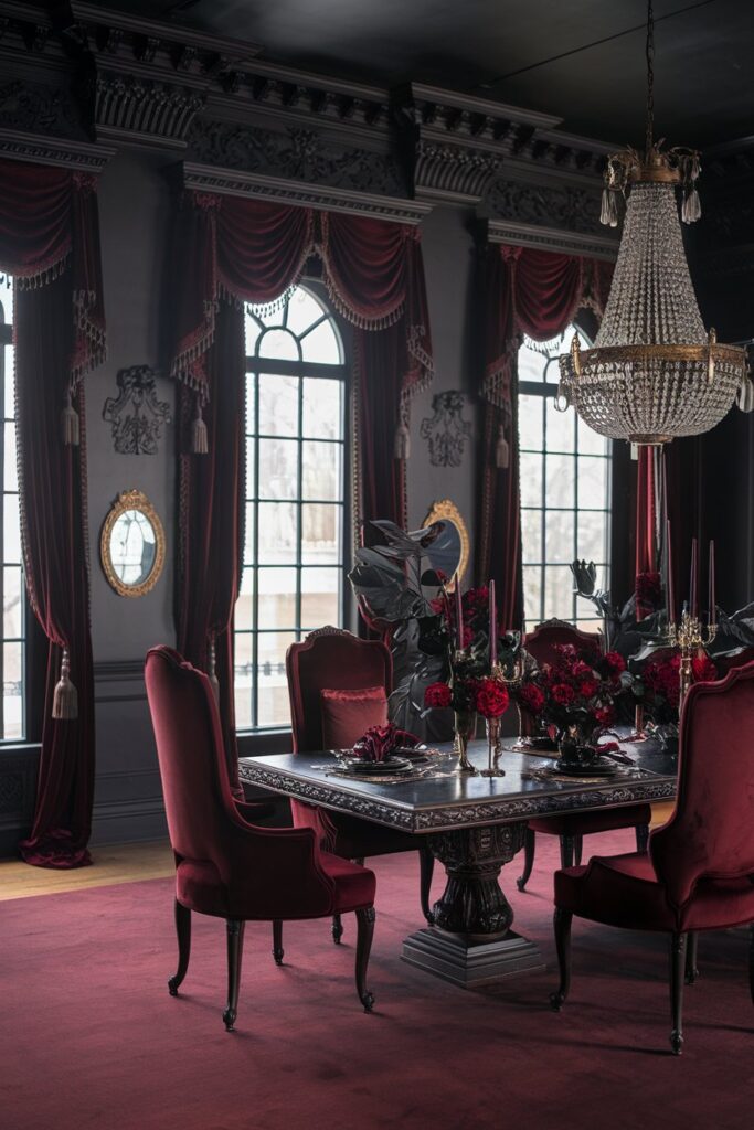 Black and Burgundy Victorian Dining Room Design