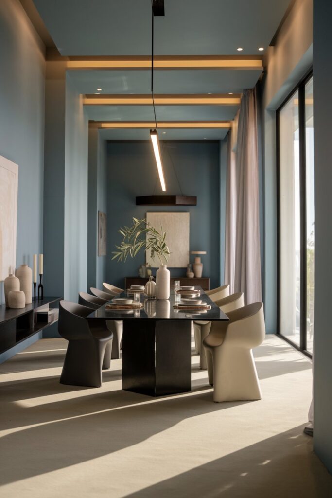 Contemporary Dining Room With Matte Blue Walls
