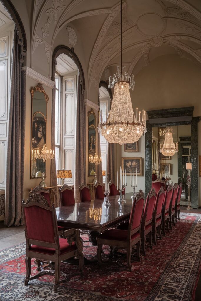 Victorian Dining Room With Crystal Chandelier Centerpiece