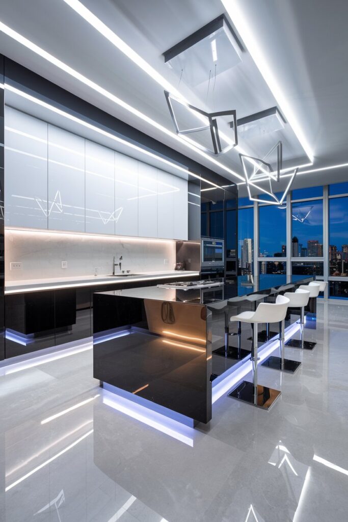High-Gloss Black and White Modern Kitchen