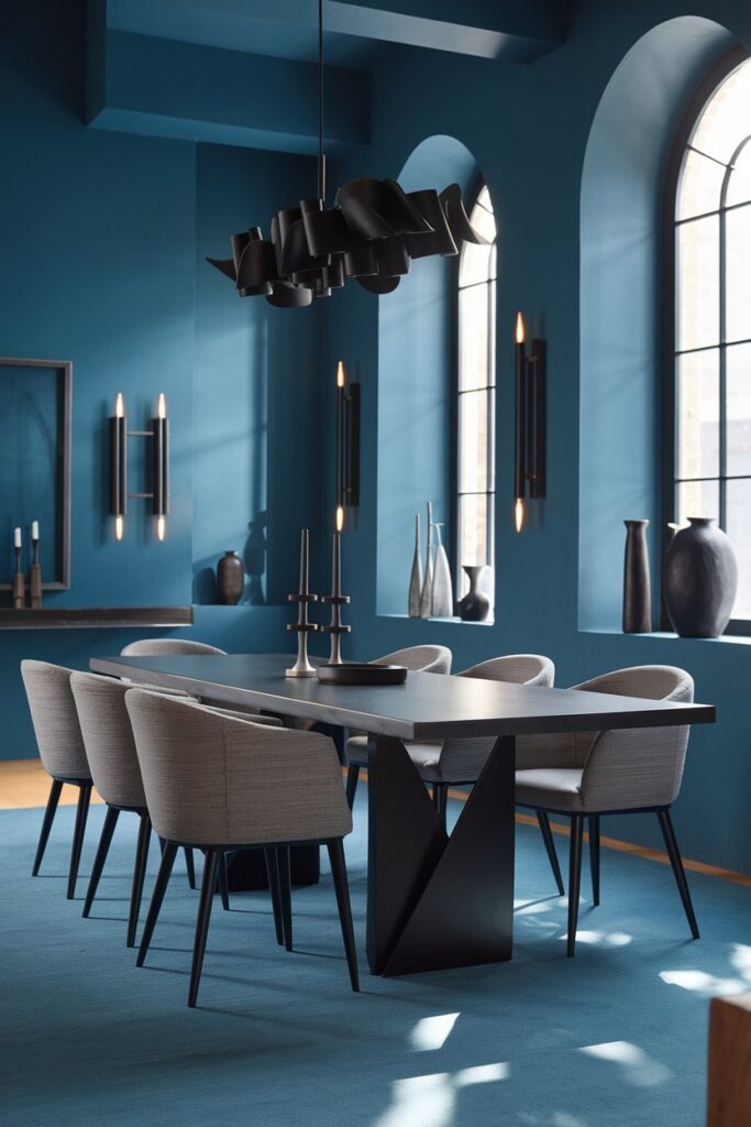 Blue Dining Room With Black Modern Accents