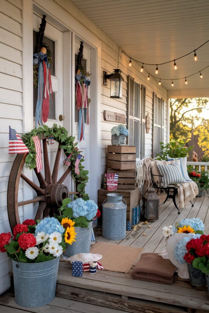 Vintage Wagon Wheel Patriotic Porch Decor